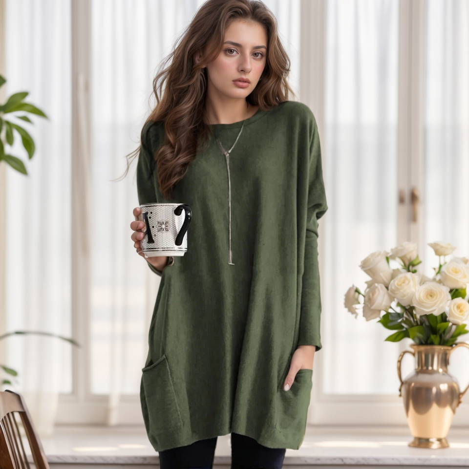 Langer Damenpullover mit Seitentaschen