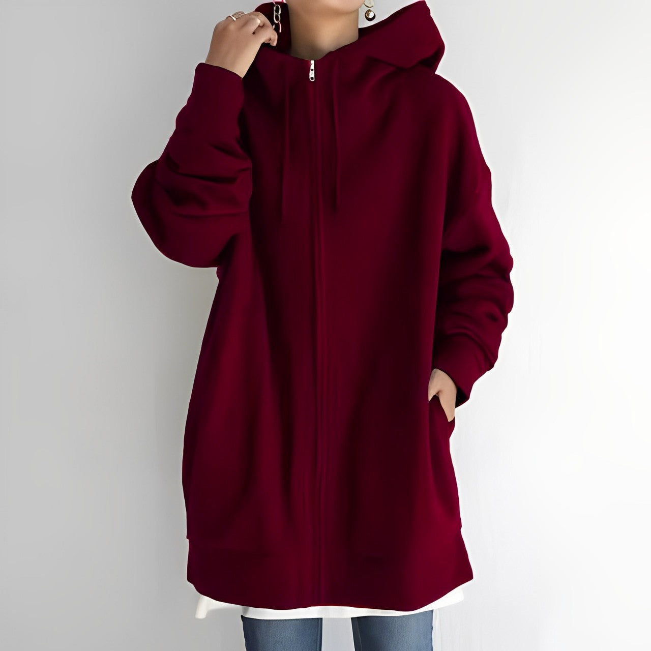 Lange Jacke mit Kapuze und Kordelzug für Damen