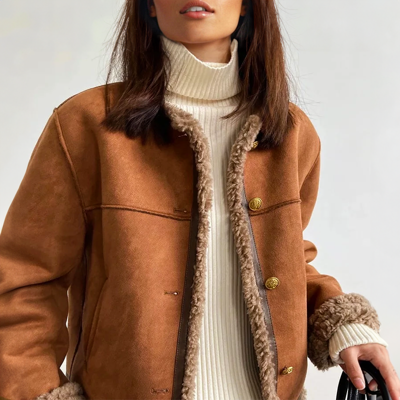 Vina - Schick Herbst Stilvoller Vintage Sherpa Kantenjacke für Damen