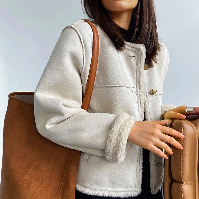 Vina - Schick Herbst Stilvoller Vintage Sherpa Kantenjacke für Damen