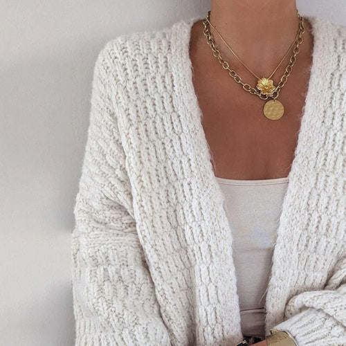 Weiße einfarbige kragenlose Strickjacke