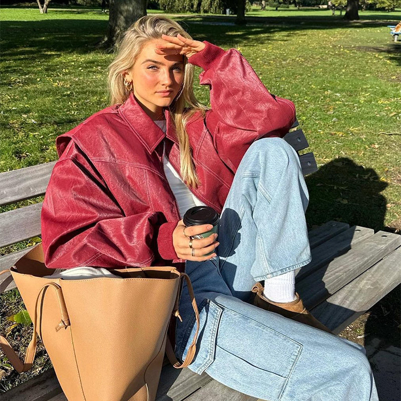 Damenjacke Burgunder PU-Leder Oversized