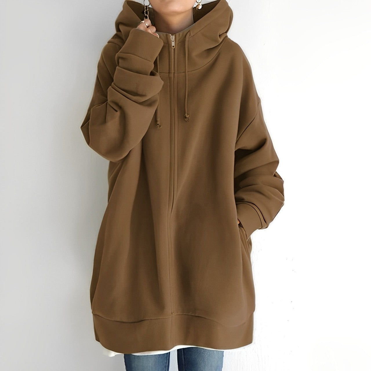 Lange Jacke mit Kapuze und Kordelzug für Damen