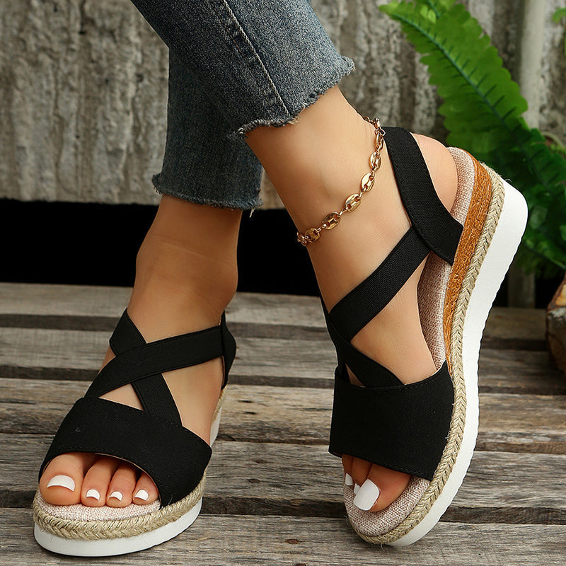 Keilsandalen Damen Leder mit Kreuzriemen und Plateau 4 cm