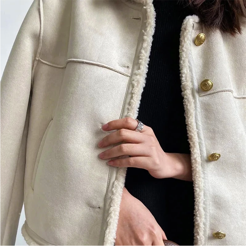 Vina - Schick Herbst Stilvoller Vintage Sherpa Kantenjacke für Damen