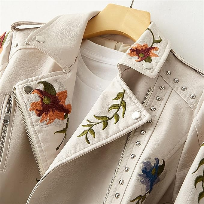 Ellie - Kurzer Sommerjacke aus Leder mit Blumendruck