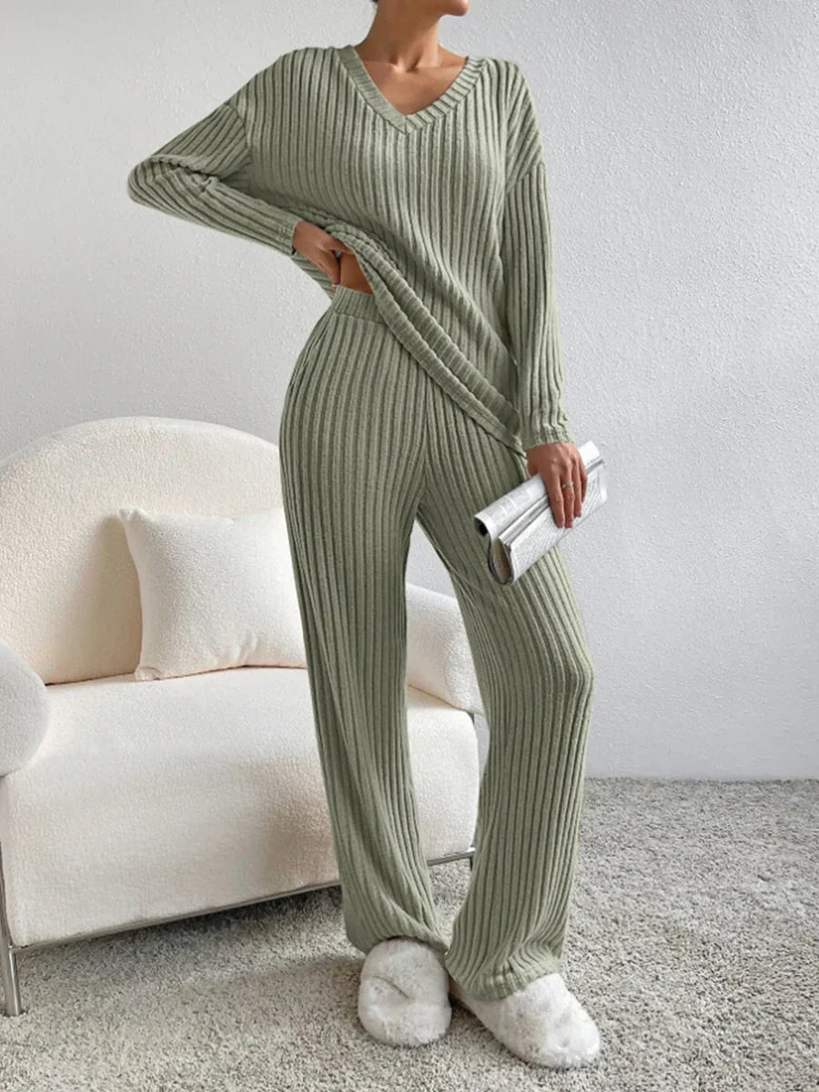 Amaya - Schickes Herbst V-Ausschnitt Geripptes Lounge-Set für Damen