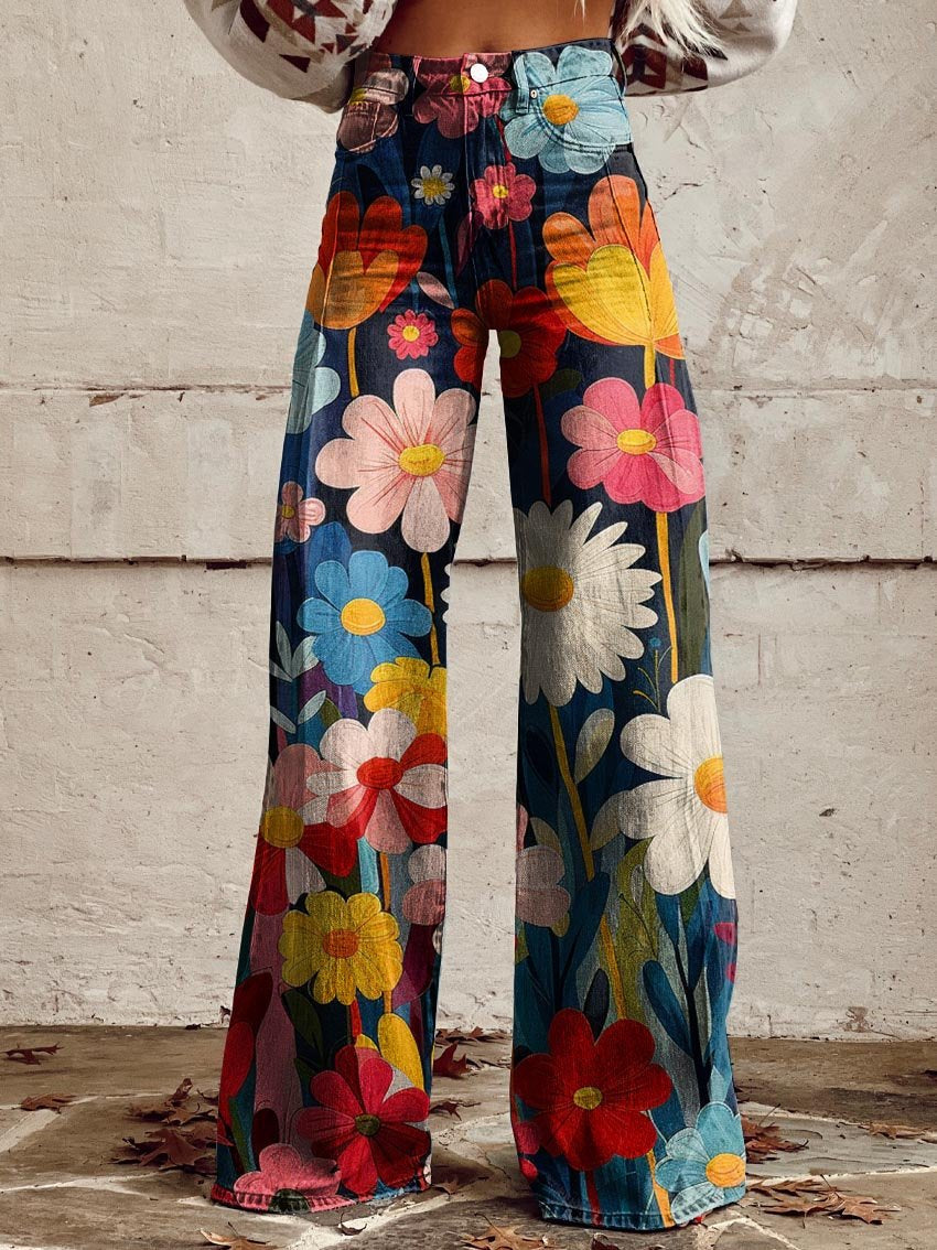 Weit geschnittene Jeans | Hohe Taille | Florales Retro-Design