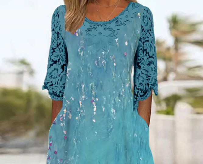 Wunderschönes Midikleid mit halben Ärmeln und Seitentaschen in Blau