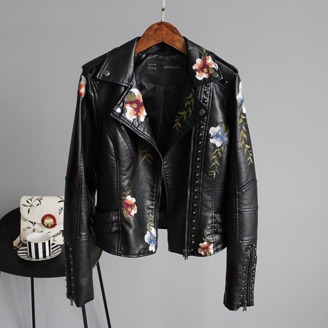 Vegane Lederjacke mit Blumenmuster
