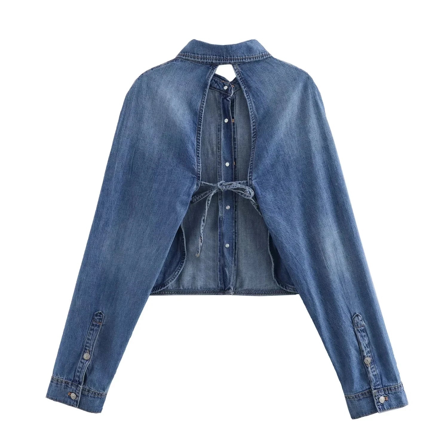 Damen Jeans Jacke Blau Baumwolle Offenes Rückendesign