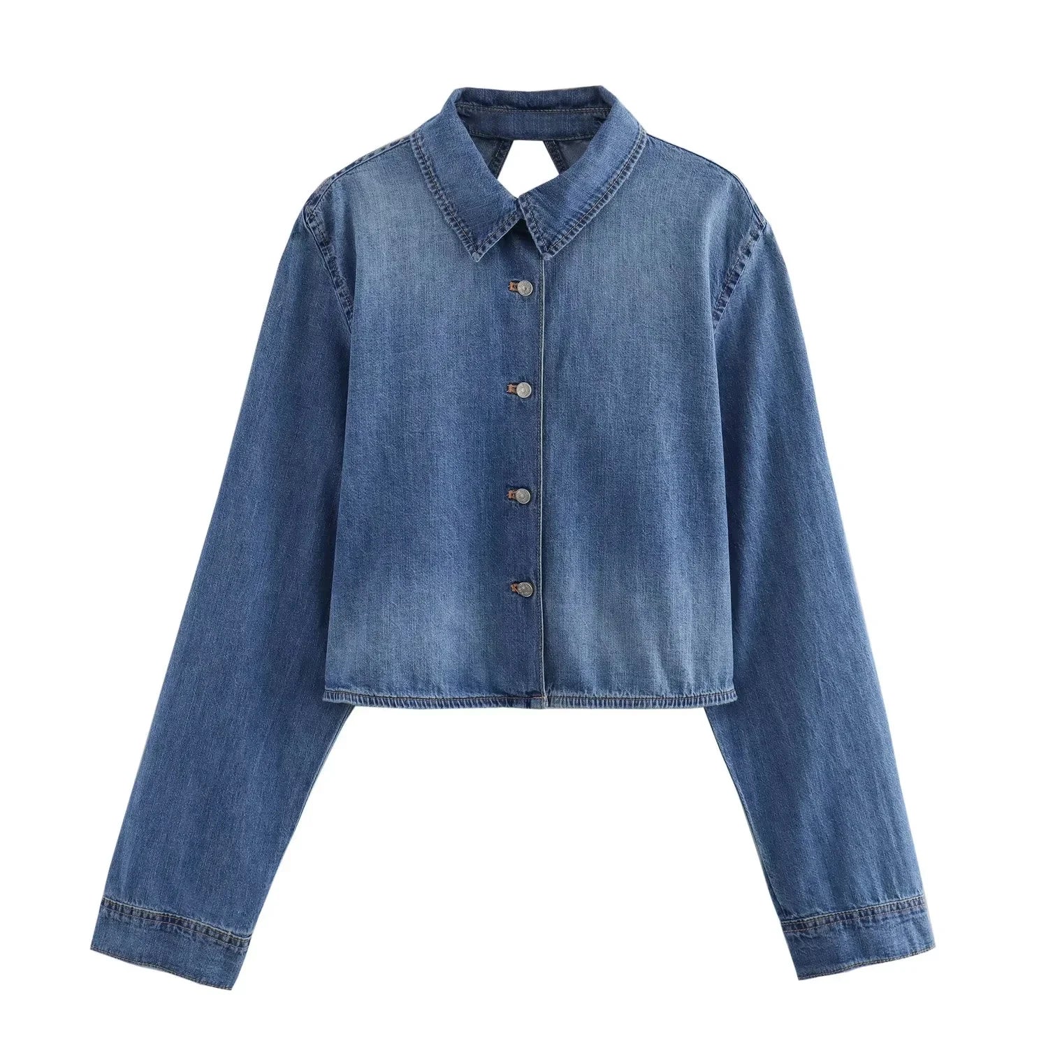Damen Jeans Jacke Blau Baumwolle Offenes Rückendesign