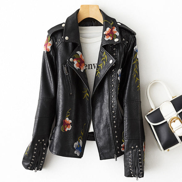 Ellie - Kurzer Sommerjacke aus Leder mit Blumendruck