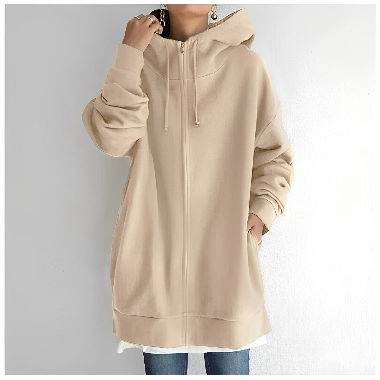 Lange Jacke mit Kapuze und Kordelzug für Damen