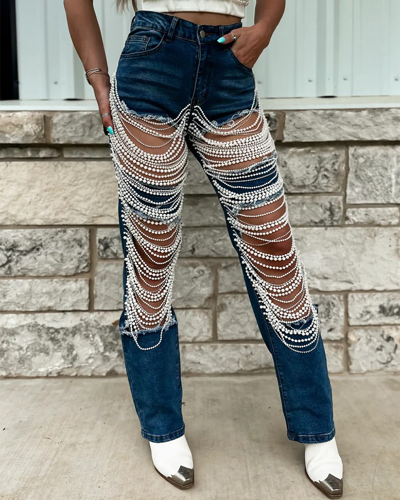 Zerrissene Jeans mit Verwaschenem Perlenkettenanhänger für Damen